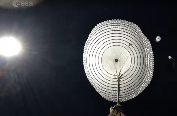 Illustrazione dell'apertura del paracadute (ESA Youtube screen video) - aerospacecue.it